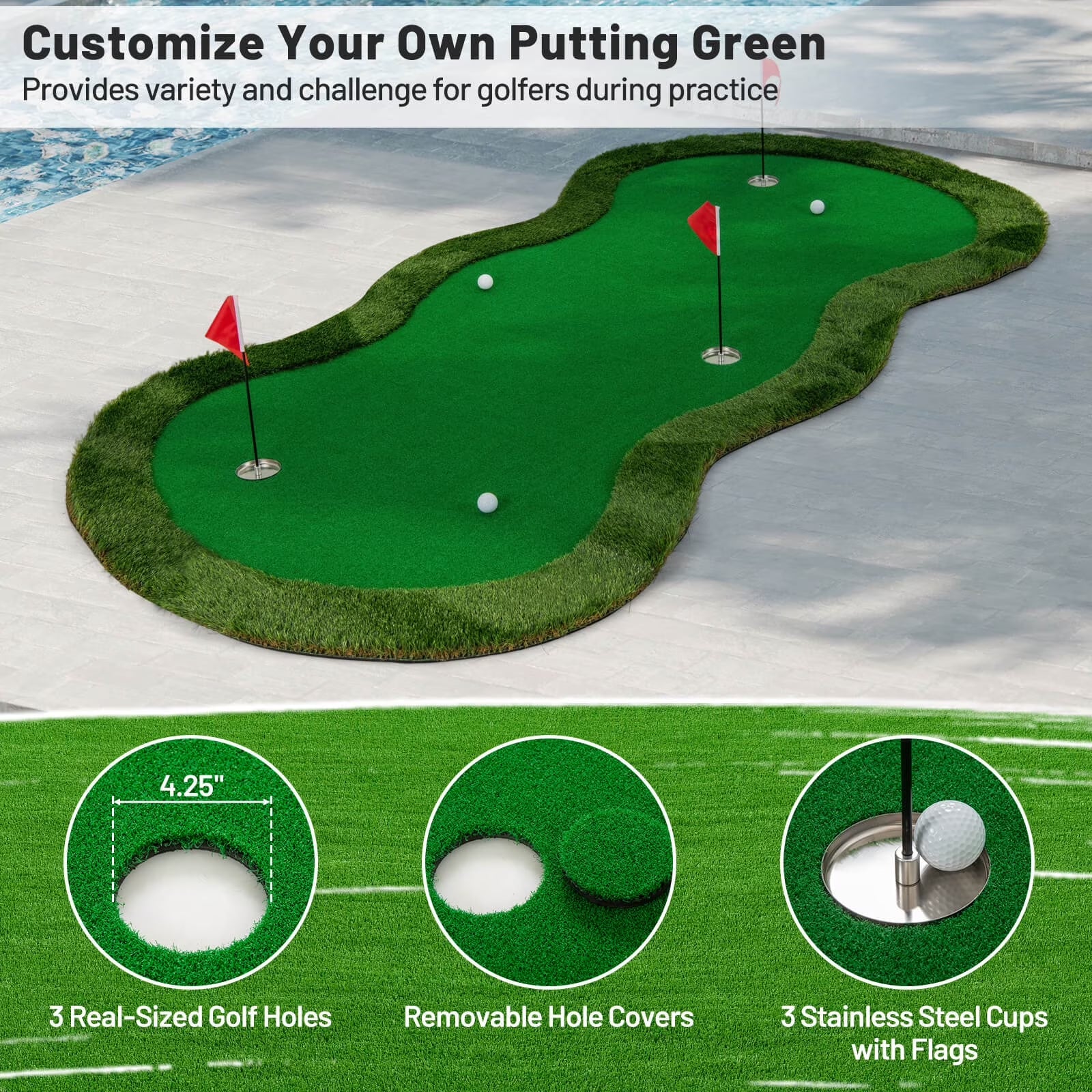 5 X 10 FT Professional Golf Practice Mat with 3 Holes and Golf Balls for Home