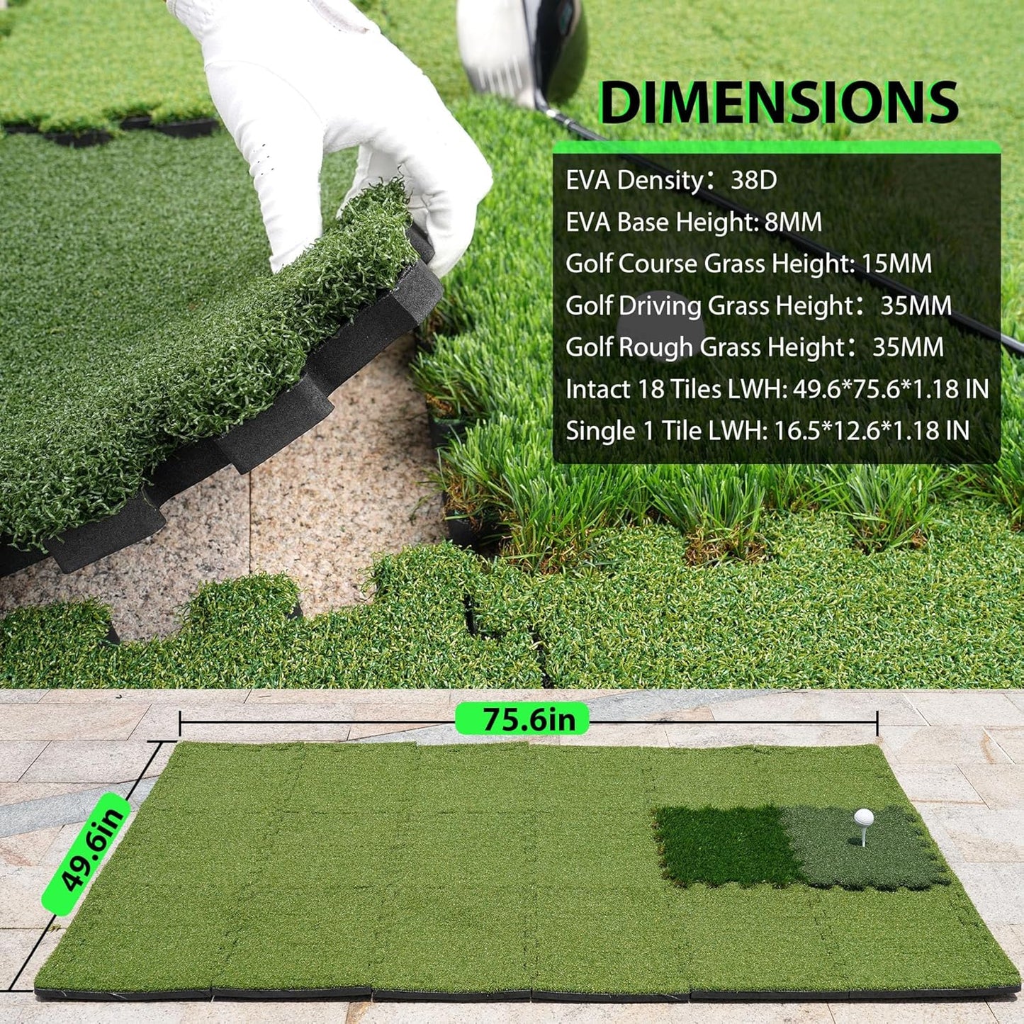 Premium Golf Hitting Mat for Indoor & Outdoor Practice with Tri-Turf Tiles 6.3'X