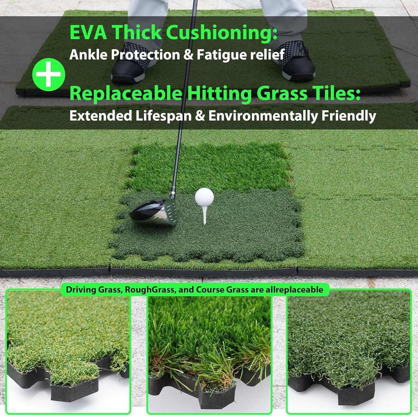 Premium Golf Hitting Mat for Indoor & Outdoor Practice with Tri-Turf Tiles 6.3'X