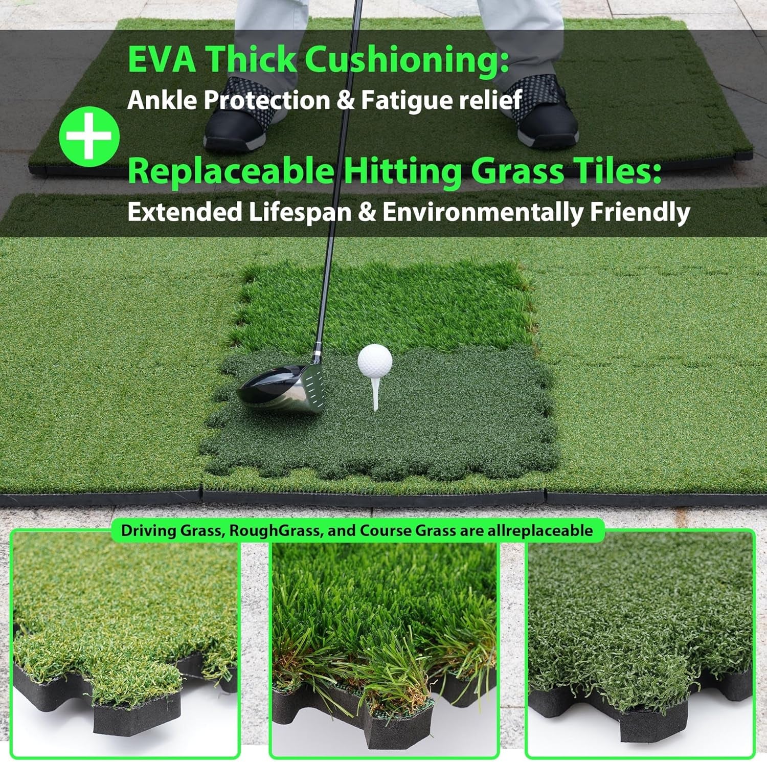 Premium Golf Hitting Mat for Indoor & Outdoor Practice with Tri-Turf Tiles 6.3'X