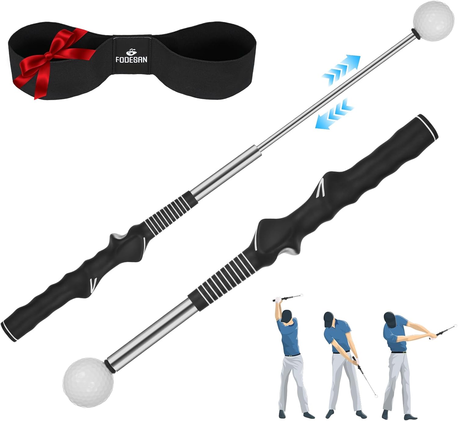 5-In-1 Retractable Golf Swing Trainer, Training Aid with Grip Trainer, Swing Mechanics for Beginners & Tempo Training for Advanced, Click Feedback, Arm Connection, Right/Left-Handed, Indoor/Outdoor