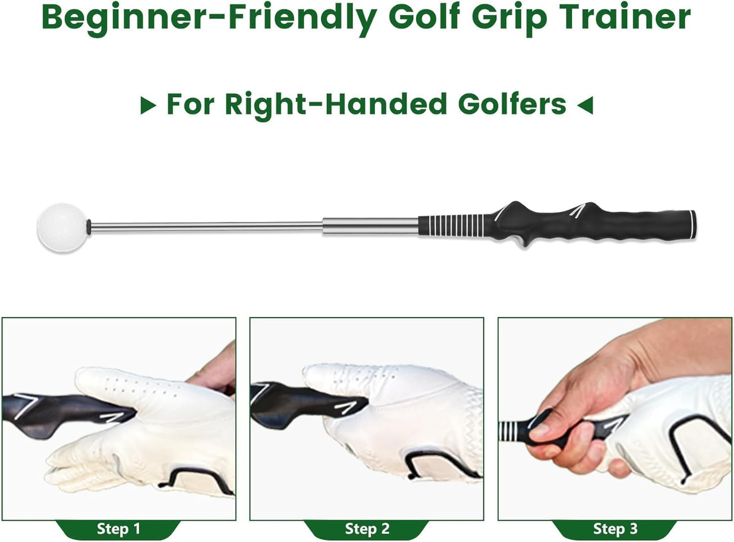 5-In-1 Retractable Golf Swing Trainer, Training Aid with Grip Trainer, Swing Mechanics for Beginners & Tempo Training for Advanced, Click Feedback, Arm Connection, Right/Left-Handed, Indoor/Outdoor