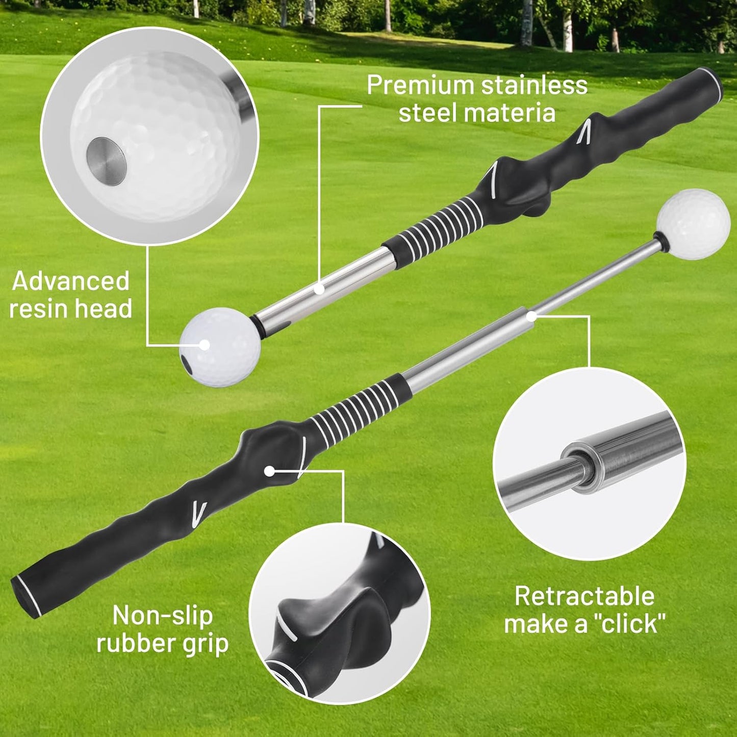 5-In-1 Retractable Golf Swing Trainer, Training Aid with Grip Trainer, Swing Mechanics for Beginners & Tempo Training for Advanced, Click Feedback, Arm Connection, Right/Left-Handed, Indoor/Outdoor