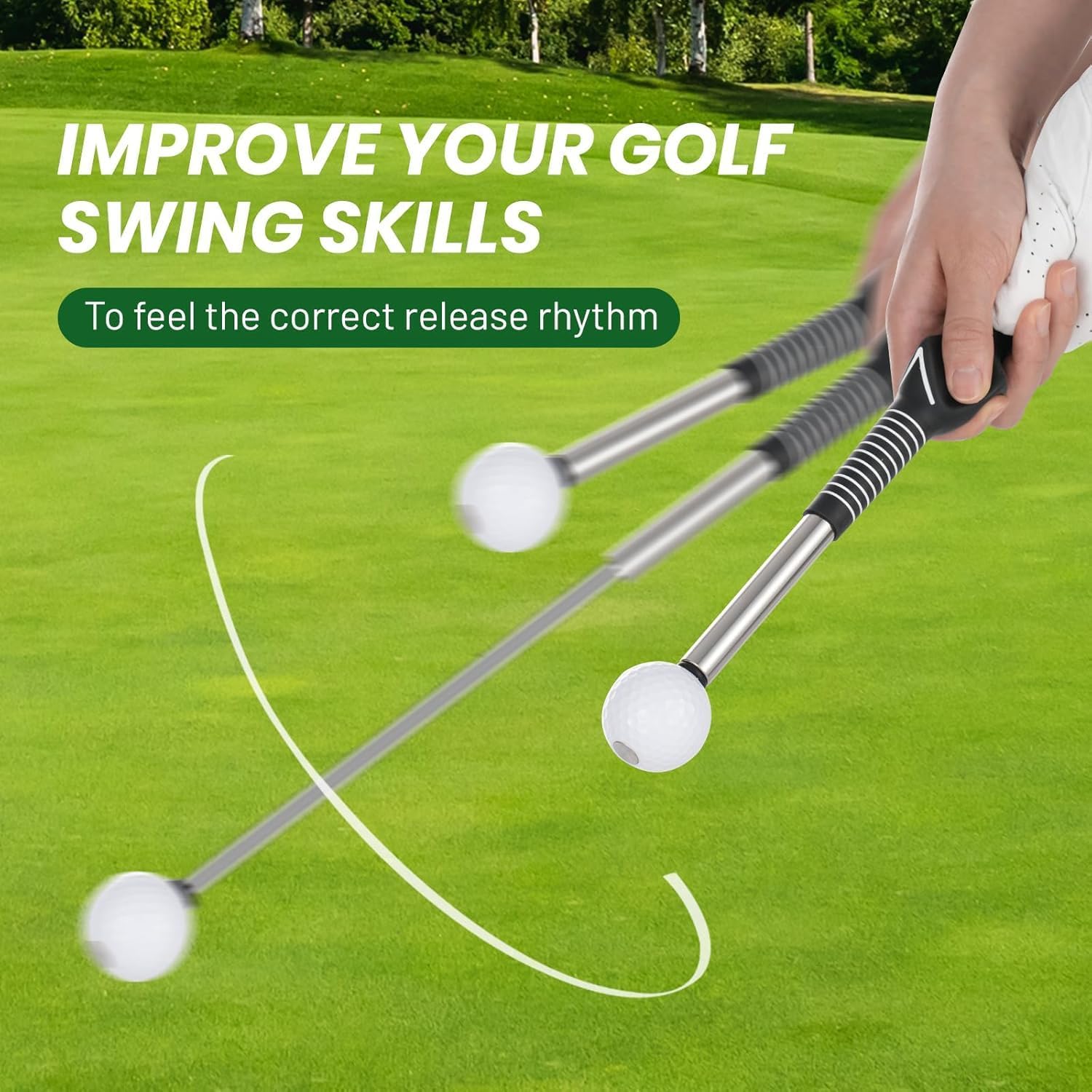 5-In-1 Retractable Golf Swing Trainer, Training Aid with Grip Trainer, Swing Mechanics for Beginners & Tempo Training for Advanced, Click Feedback, Arm Connection, Right/Left-Handed, Indoor/Outdoor
