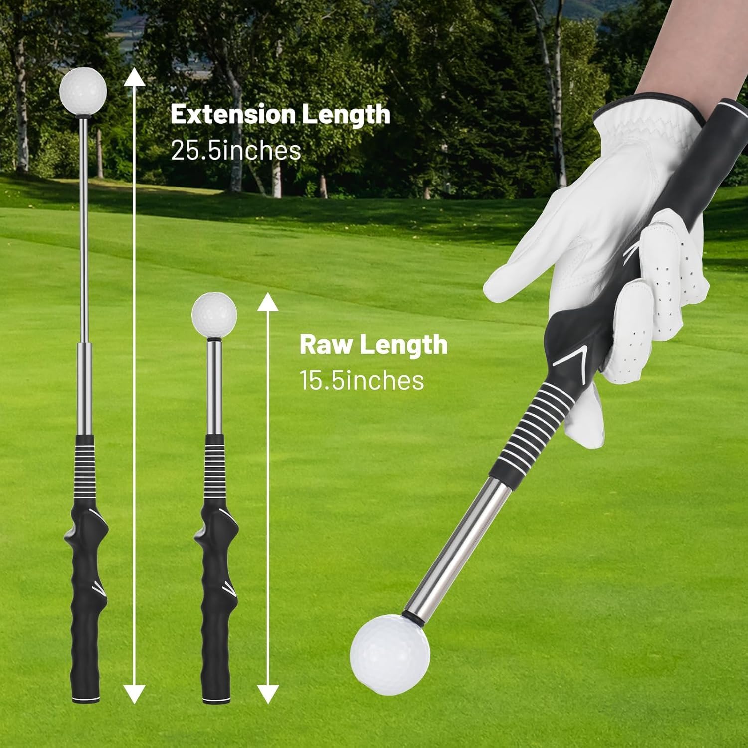 5-In-1 Retractable Golf Swing Trainer, Training Aid with Grip Trainer, Swing Mechanics for Beginners & Tempo Training for Advanced, Click Feedback, Arm Connection, Right/Left-Handed, Indoor/Outdoor