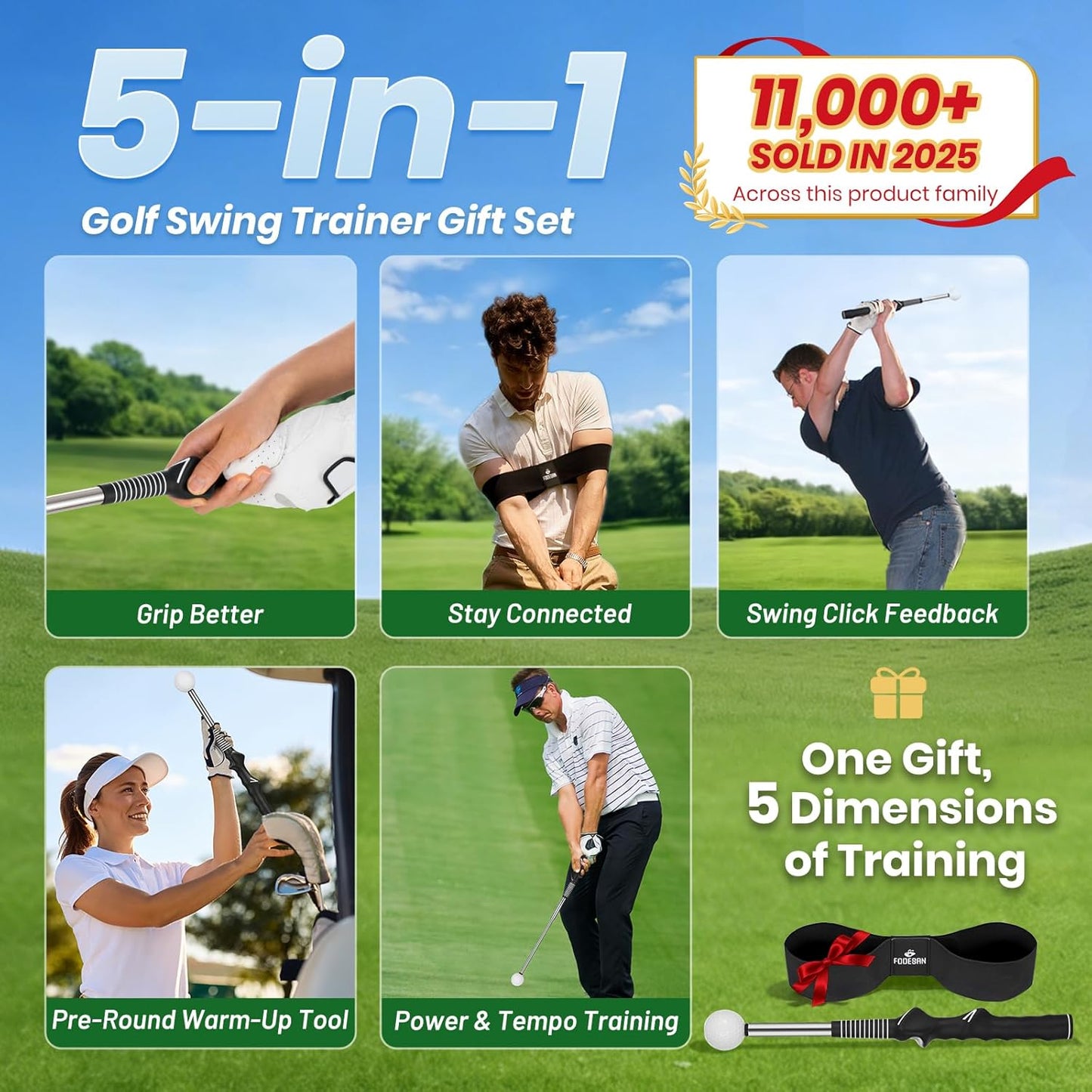 5-In-1 Retractable Golf Swing Trainer, Training Aid with Grip Trainer, Swing Mechanics for Beginners & Tempo Training for Advanced, Click Feedback, Arm Connection, Right/Left-Handed, Indoor/Outdoor