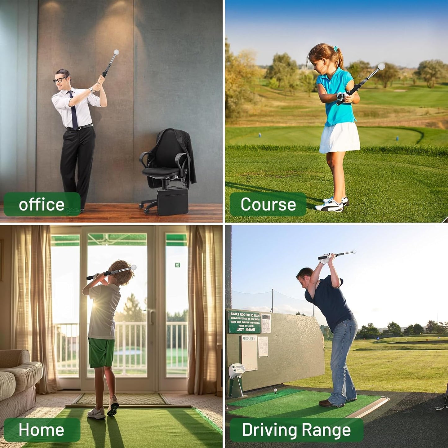 5-In-1 Retractable Golf Swing Trainer, Training Aid with Grip Trainer, Swing Mechanics for Beginners & Tempo Training for Advanced, Click Feedback, Arm Connection, Right/Left-Handed, Indoor/Outdoor