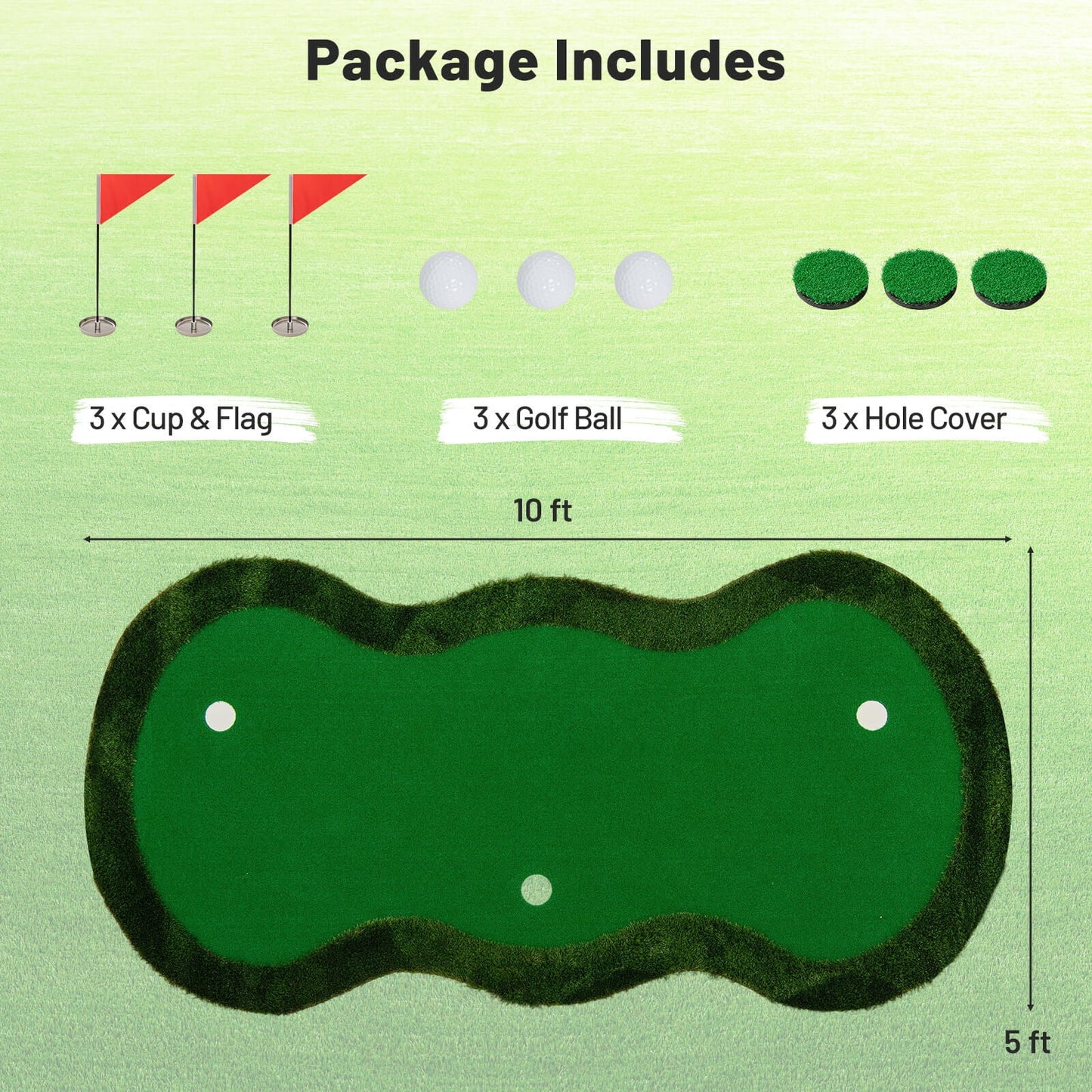 5 X 10 FT Professional Golf Practice Mat with 3 Holes and Golf Balls for Home